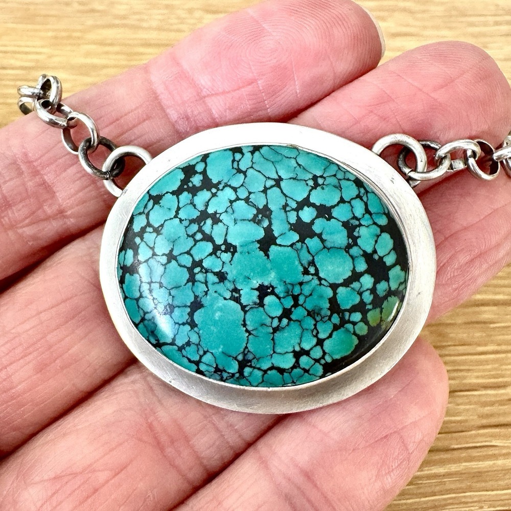 Navajo Turquoise Bar Necklace 20" Spiderweb Sterling Signed E Richards Oval BIG
